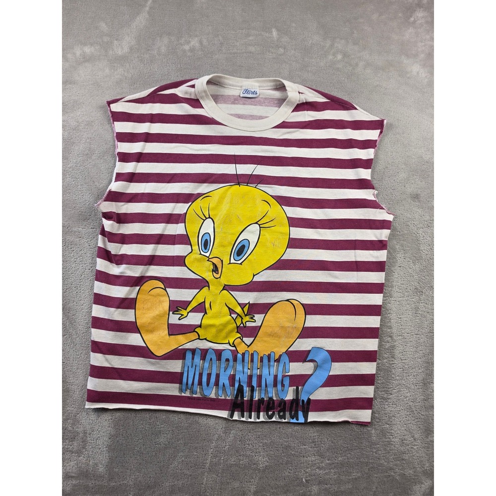 Vintage Flirts Cut Off T Shirt Women XL Striped Tweety Bird Morning Already 1995